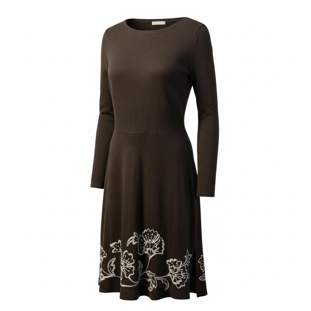 Jessica Howard Women's vintage brown knit dress with embroidered flowers size 14